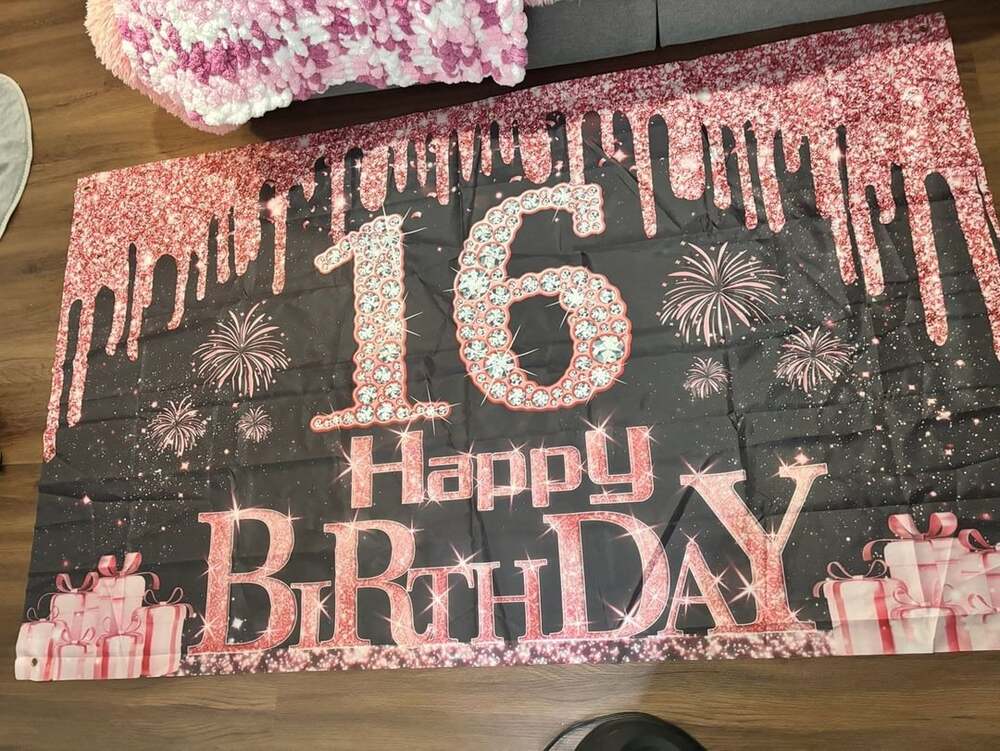 Happy 16th Birthday Banner Backdrop and Birthday Queen Sash Crown Party Decorati